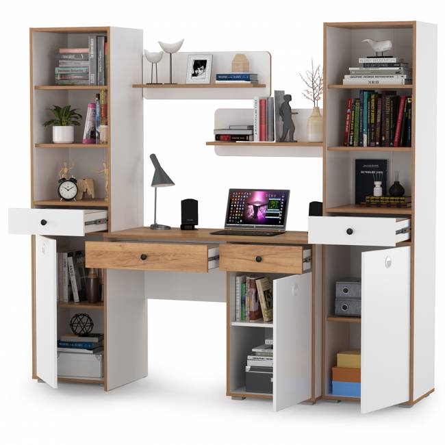 Компьютерный стол с двумя полками и двумя пеналами Вуди цвет белый премиум/дуб крафт золотой Компьютерный стол с двумя полками и двумя пеналами Вуди цвет белый премиум/дуб крафт золотой