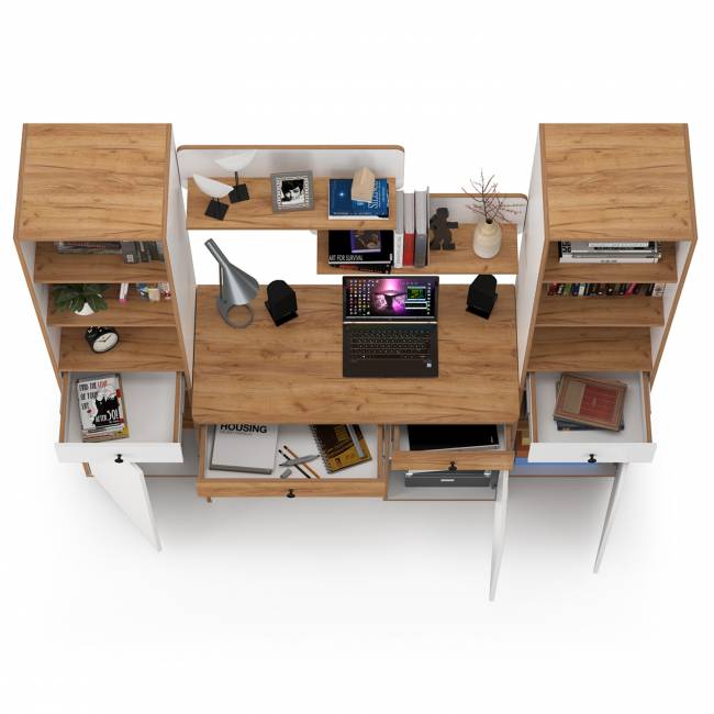 Компьютерный стол с двумя полками и двумя пеналами Вуди цвет белый премиум/дуб крафт золотой Компьютерный стол с двумя полками и двумя пеналами Вуди цвет белый премиум/дуб крафт золотой