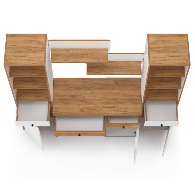 Компьютерный стол с двумя полками и двумя пеналами Вуди цвет белый премиум/дуб крафт золотой Компьютерный стол с двумя полками и двумя пеналами Вуди цвет белый премиум/дуб крафт золотой