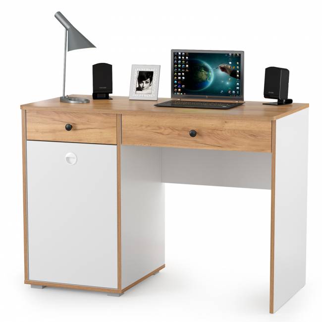 Компьютерный стол с двумя полками и двумя пеналами Вуди цвет белый премиум/дуб крафт золотой Компьютерный стол с двумя полками и двумя пеналами Вуди цвет белый премиум/дуб крафт золотой