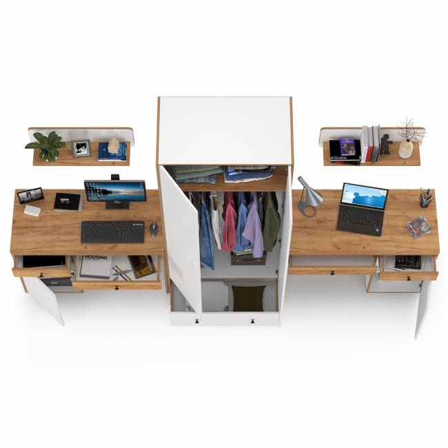 Два стола для учёбы, шкаф и две открытых полки Вуди цвет белый премиум/дуб крафт золотой Два стола для учёбы, шкаф и две открытых полки Вуди цвет белый премиум/дуб крафт золотой