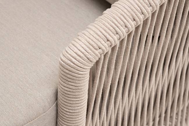 "Верона" диван 3-местный плетеный из роупа, каркас алюминий белый муар, роуп бежевый круглый, ткань бежевая 052