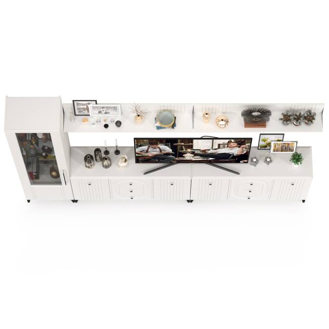 Два комода для аппаратуры с полками и пенал со стеклом Валенсия цвет белый шагрень