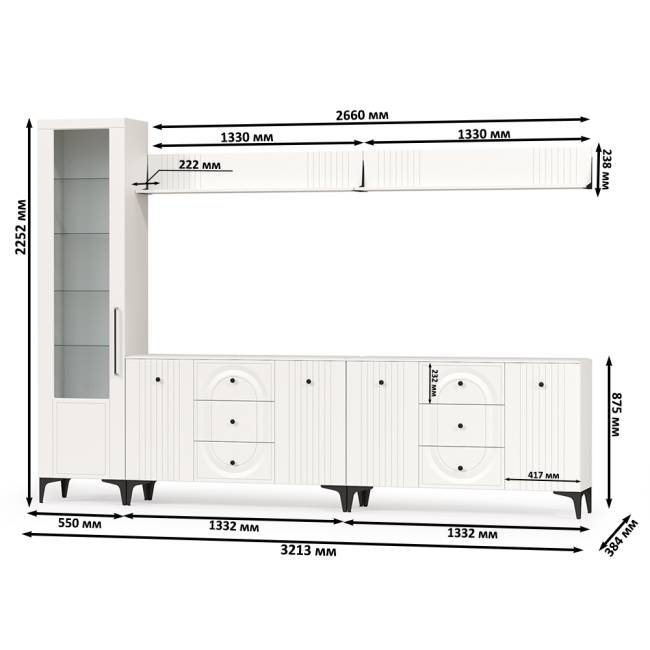 Два комода для аппаратуры с полками и пенал со стеклом Валенсия цвет белый шагрень