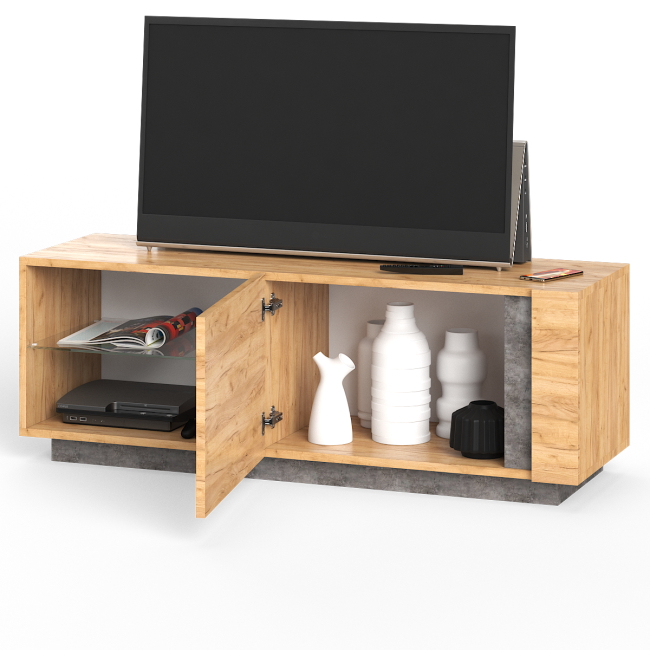 Тумба ТВ Арчи 10.85 цвет дуб крафт золотой/камень тёмный, есть подсветка за стеклом по торцу полки Тумба ТВ Арчи 10.85 цвет дуб крафт золотой/камень тёмный, есть подсветка за стеклом по торцу полки