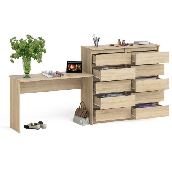 Большой комод МК1200.10 десять ящиков и письменный стол МСП1200 Мори цвет дуб сонома