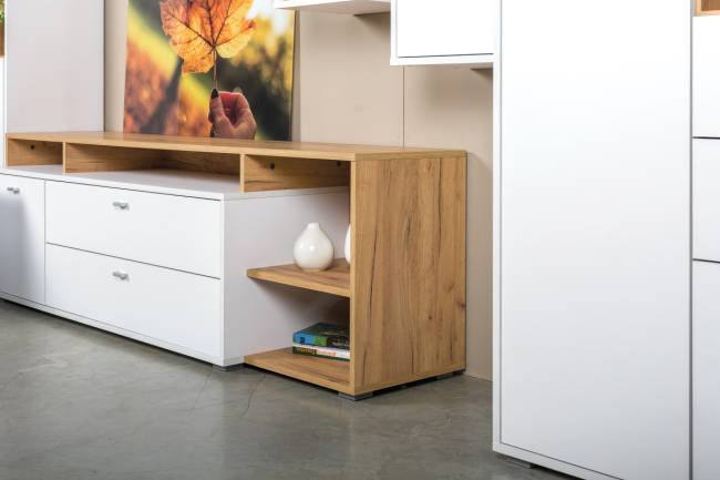 Тумба под ТВ Бэль цвет дуб крафт золотой/белый премиум Тумба под ТВ Бэль цвет дуб крафт золотой/белый премиум