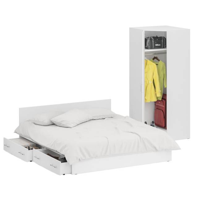 Двуспальная Кровать белая с ящиками 1800 с угловым шкафом Стандарт цвет белый