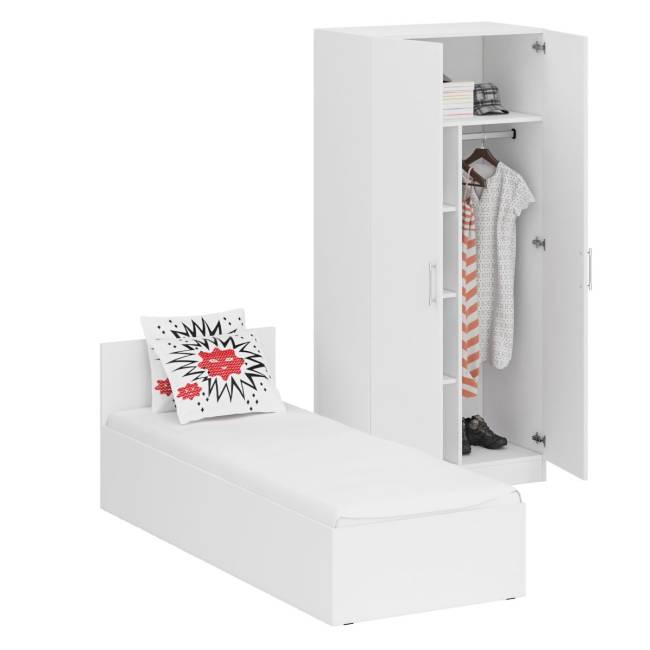 Кровать белая односпальная 800 со шкафом для одежды 2-х створчатым Стандарт цвет белый