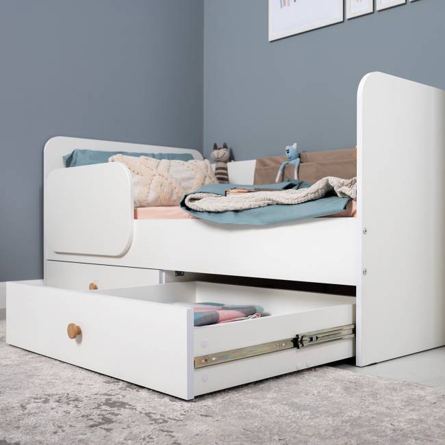 Кровать с ящиками и накладкой-карманом Джастин цвет белый шагрень/ткань серо-бежевая